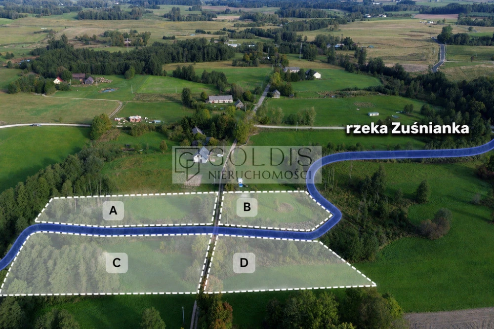 Działki z WZ i linią brzegową rzeki, koło Suwałk